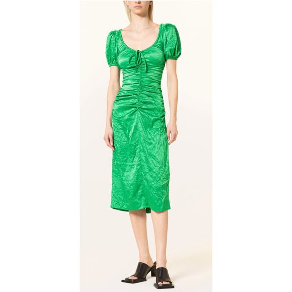 GANNI EU 38 green ruched puff shoulder holiday Midi Dress - Picture 10 of 10